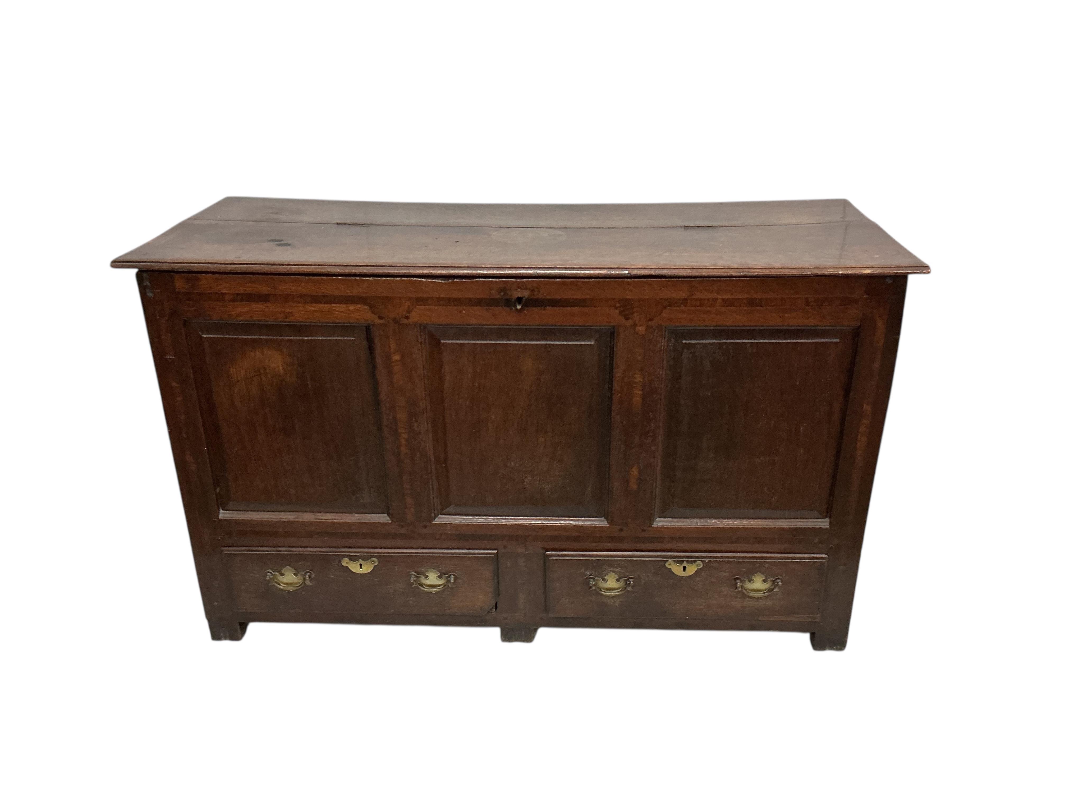 A George III oak mule chest, width 134cm, depth 54cm, height 79cm